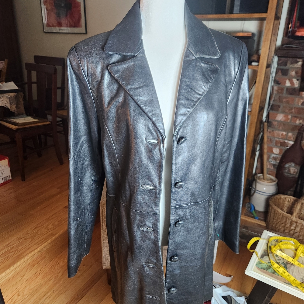 Womens Black Leather Button-Front Long Jacket